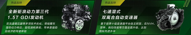 传祺影豹全新钜浪动力第三代1.5T GDI发动机和7速湿式双离合自动变速器示意