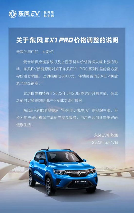 东风EX1 PRO系列车型上涨