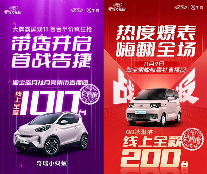 奇瑞QQ双11线上全款成交总额NO.1