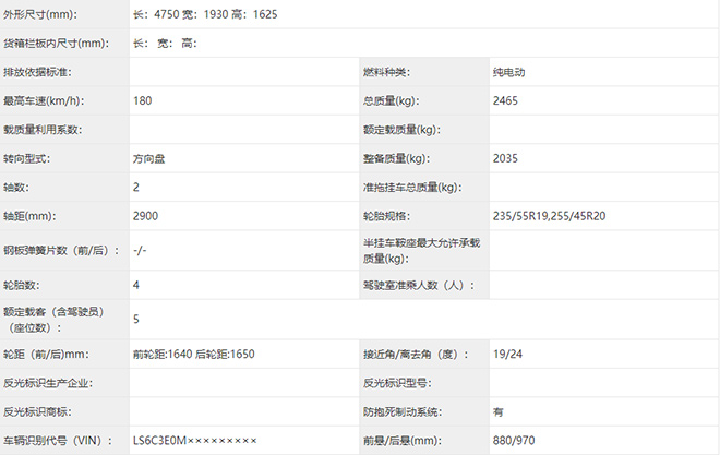 S7长宽高分别为4750/1930/1625mm，轴距为2900mm